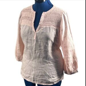 JOIE Pink 100% Linen Rouched Pleated 3/4 Sleeve Blouse Top Shirt‎ Sz Large Tunic